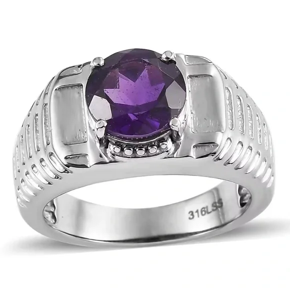 💜NWOT💜 Men's Amethyst Solitaire Ring In 316L Stainless Steel Size 10 - Picture 2 of 4